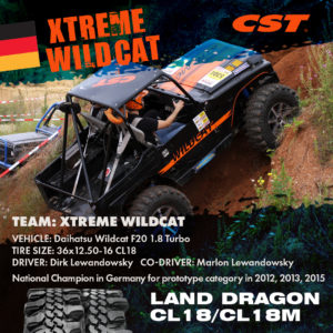 CST sponsored Team Xtreme Wildcat Daihatsu Wildcat F20 vehicle on CST Land Dragon Tires. Vehicle, Tire and Driver Details graphic