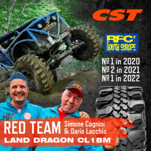 CST graphic featuring CST-SPONSORED RED TEAM of Italy with Action shot of their 4x4 Vehicle and Land Dragon tires