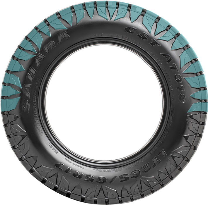 SAHARA AT318 Tire sidewall Tiger-tooth shoulder design highlighted view.