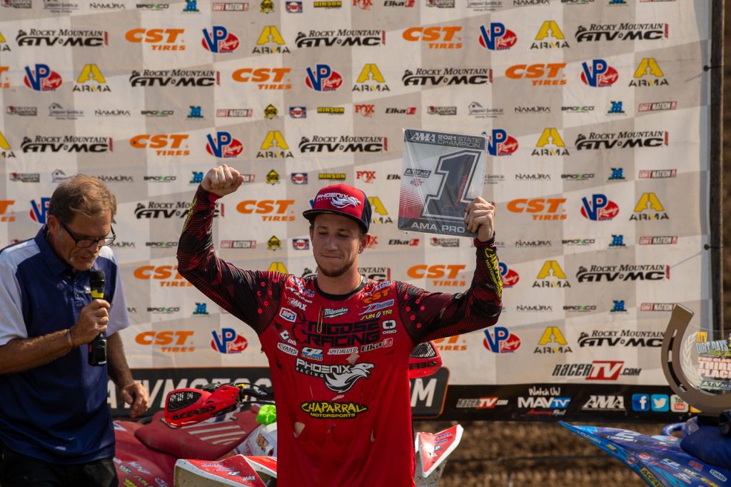 Joel Hetrick celebrating his victory at the ATV MX National Championship
